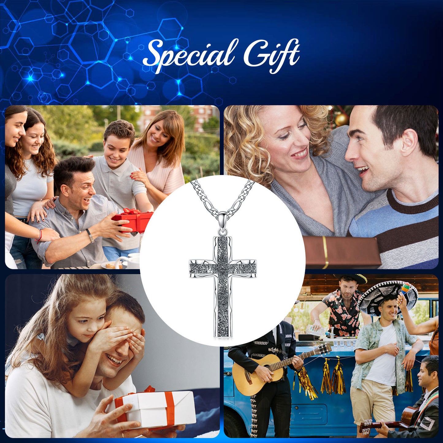 925 Sterling Silver Cross Pendant with Stainless Steel Figaro Chain Oxidized Cross Necklace Christian Jewelry